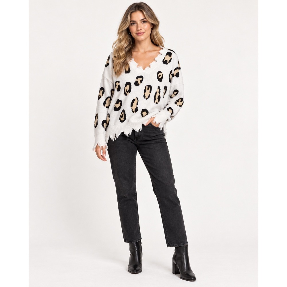 White Leopard Print Distressed V-Neck Sweater Women's Large Raw Edge Knit